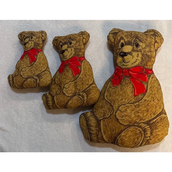 Vintage Ralston Cut and Sew Teddy Bears Set of 3 with Red Bows - Picture 2 of 6